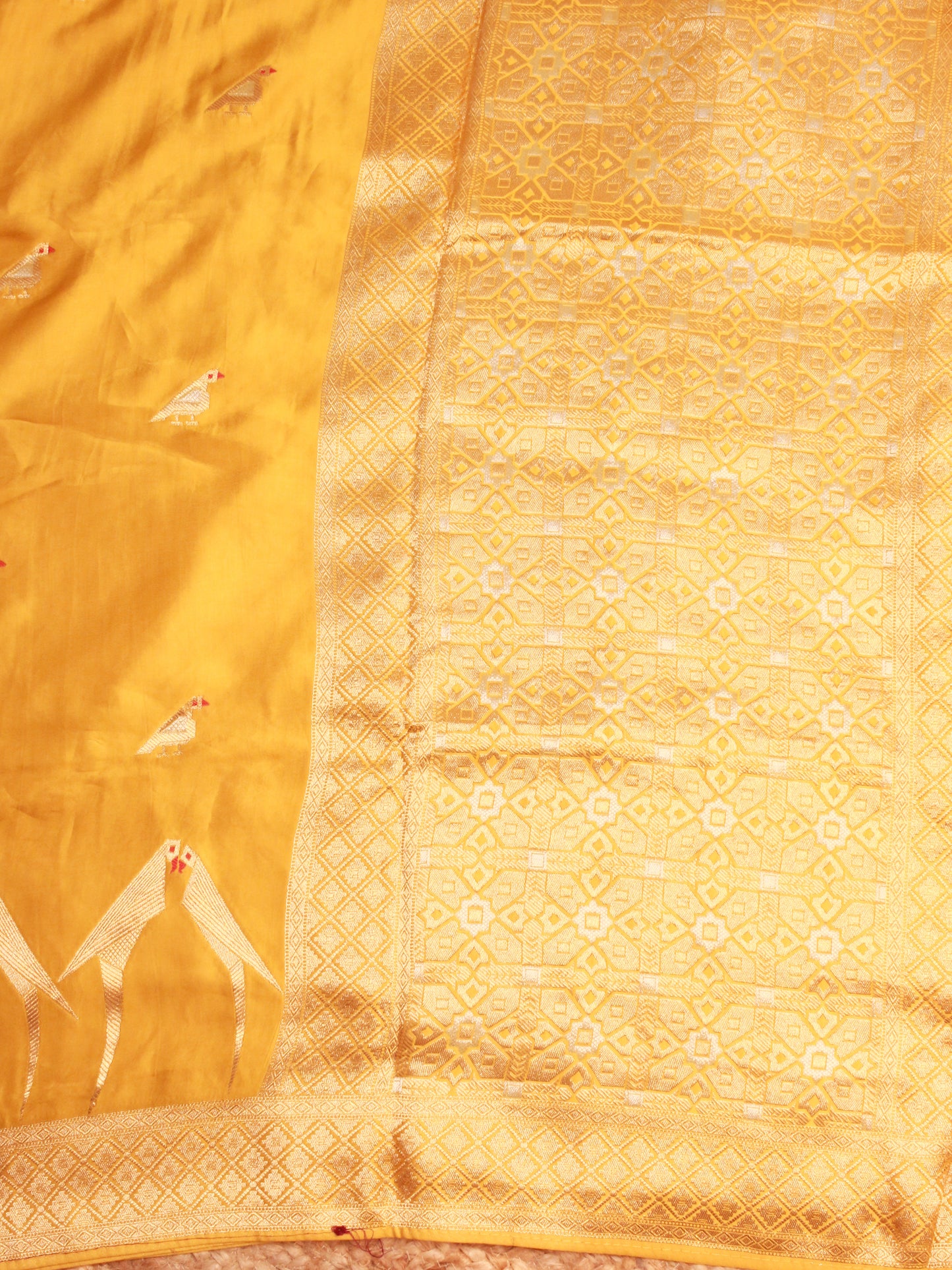 Mustard Yellow Banarasi Mashru Silk Saree with Parrot Motif and Zari Border