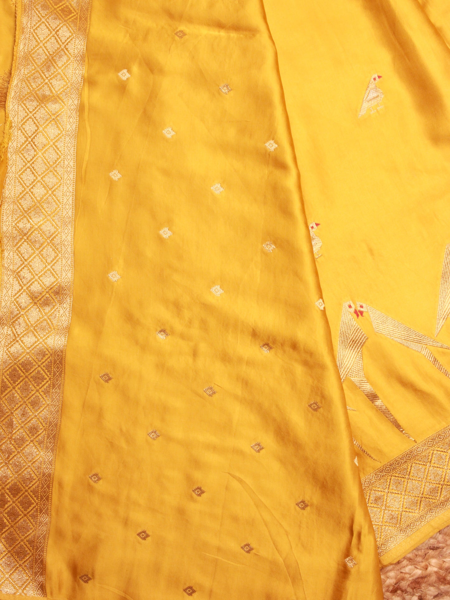 Mustard Yellow Banarasi Mashru Silk Saree with Parrot Motif and Zari Border