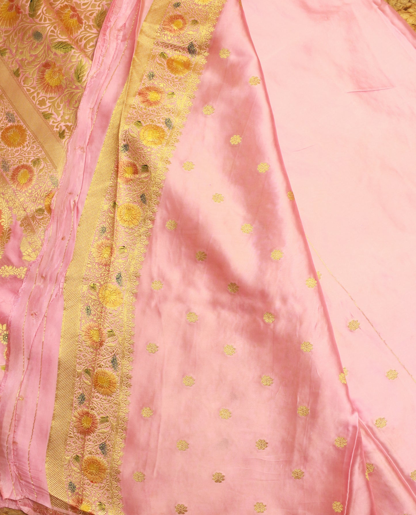 Elegant Pink & Peach Banarasi Satin Silk Fabric with Golden Zari Floral Motifs
