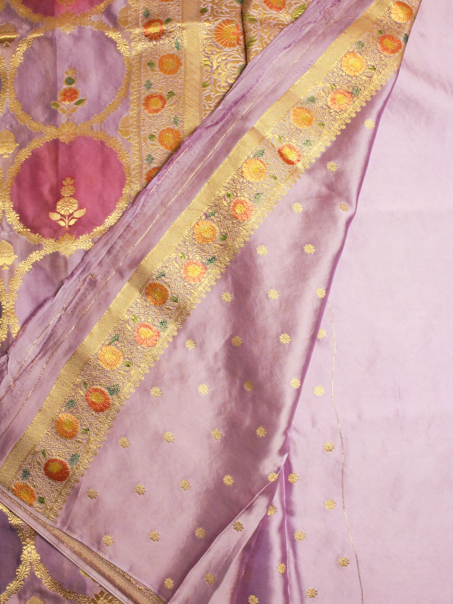 Elegant Blue & Green each Banarasi Satin Silk Fabric with Golden Zari Floral Motifs