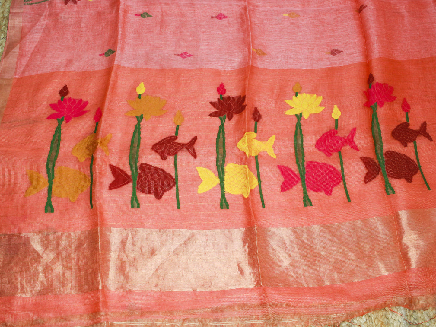 Coral Pink Pure Linen Saree with Muslin Pallu – Fish & Lotus Motif, Gold Zari Accents