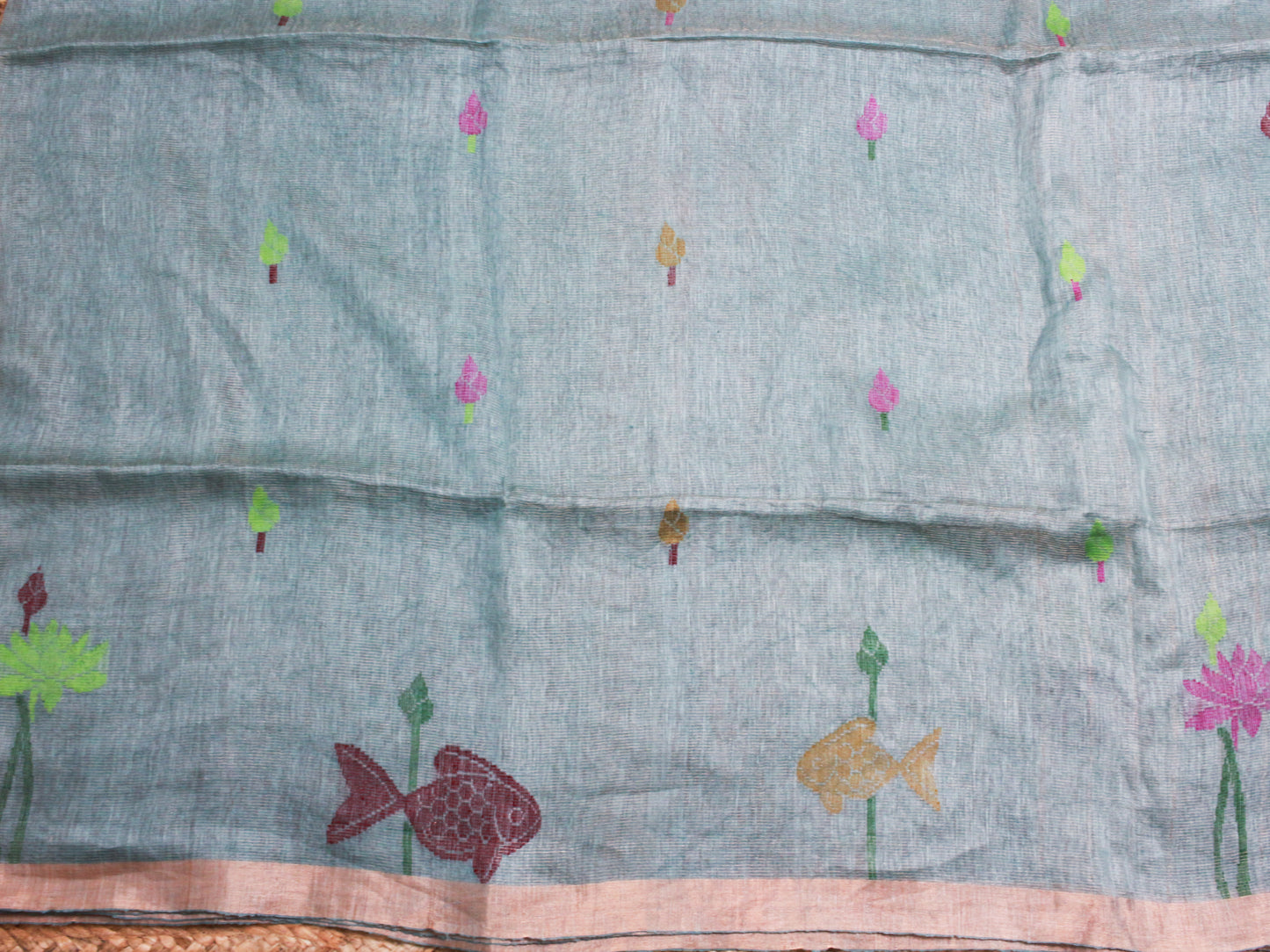 Aqua Blue Pure Linen Saree with Muslin Pallu – Fish & Lotus Motif, Gold Zari Accents