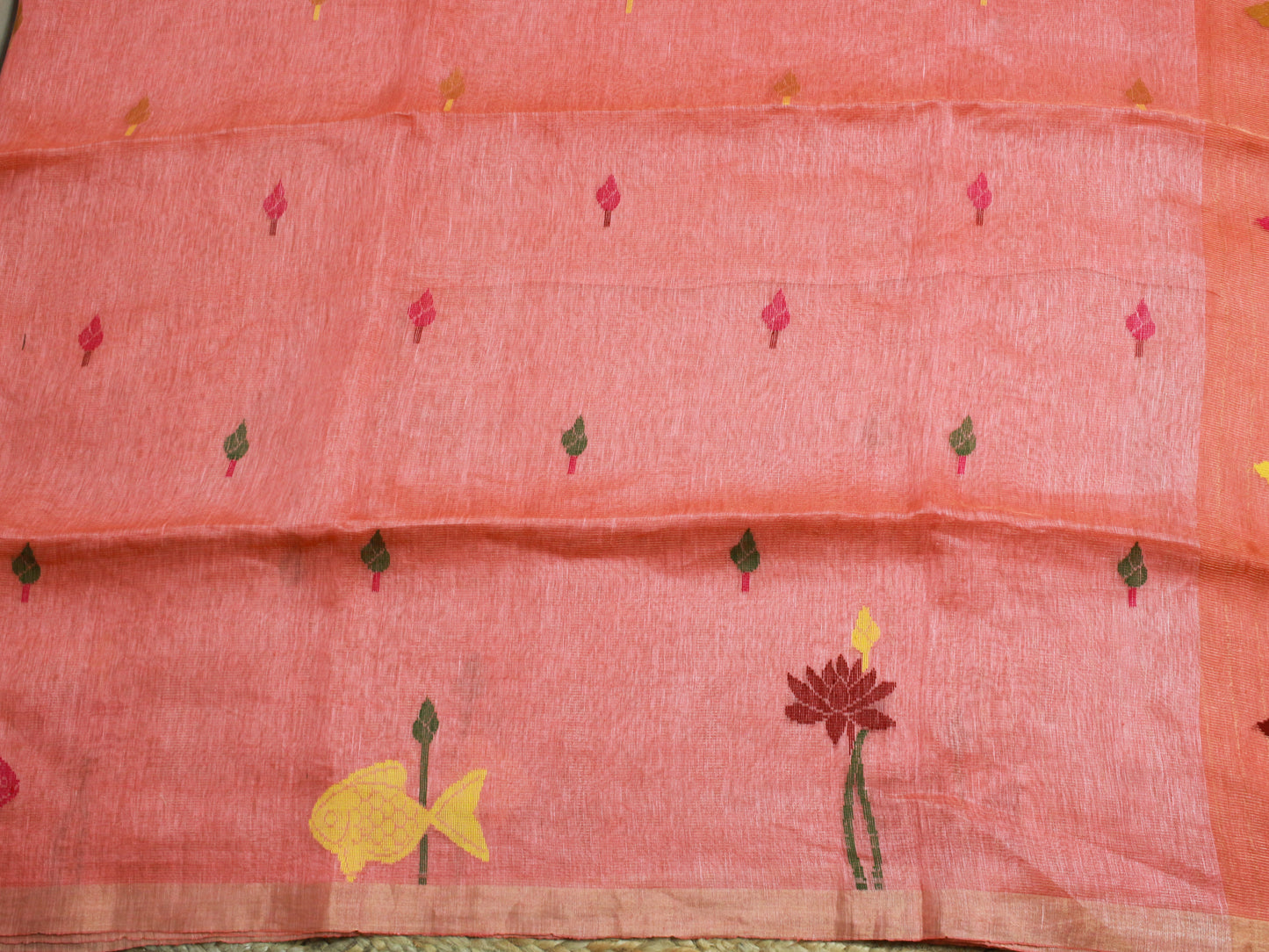 Coral Pink Pure Linen Saree with Muslin Pallu – Fish & Lotus Motif, Gold Zari Accents