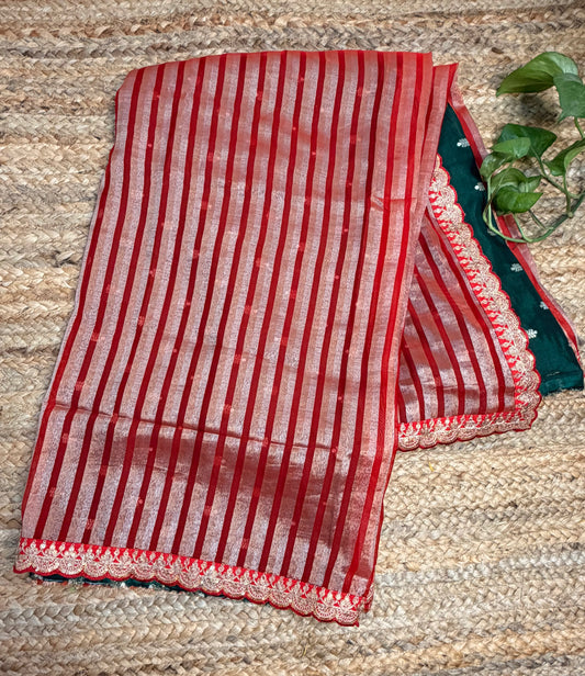 Elegant Red Fancy Saree with Lace Border.