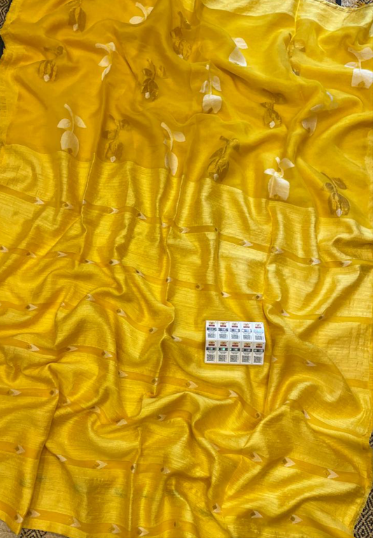Sunshine Yellow Pure Matka Silk Saree with Muslin pallu Tulip Motif – Silk Mark Certified