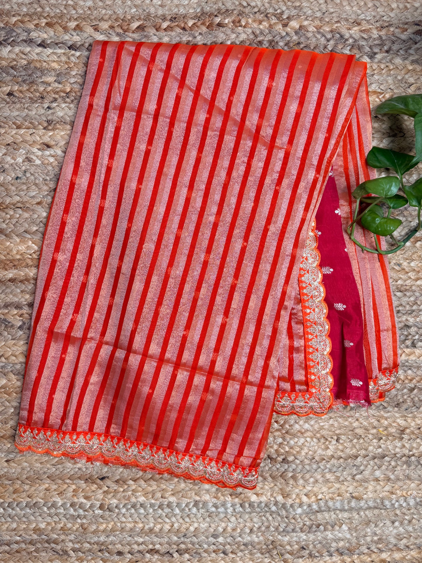 Orange Fancy Saree with Silver-Golden Zari Stripes & Lace Border