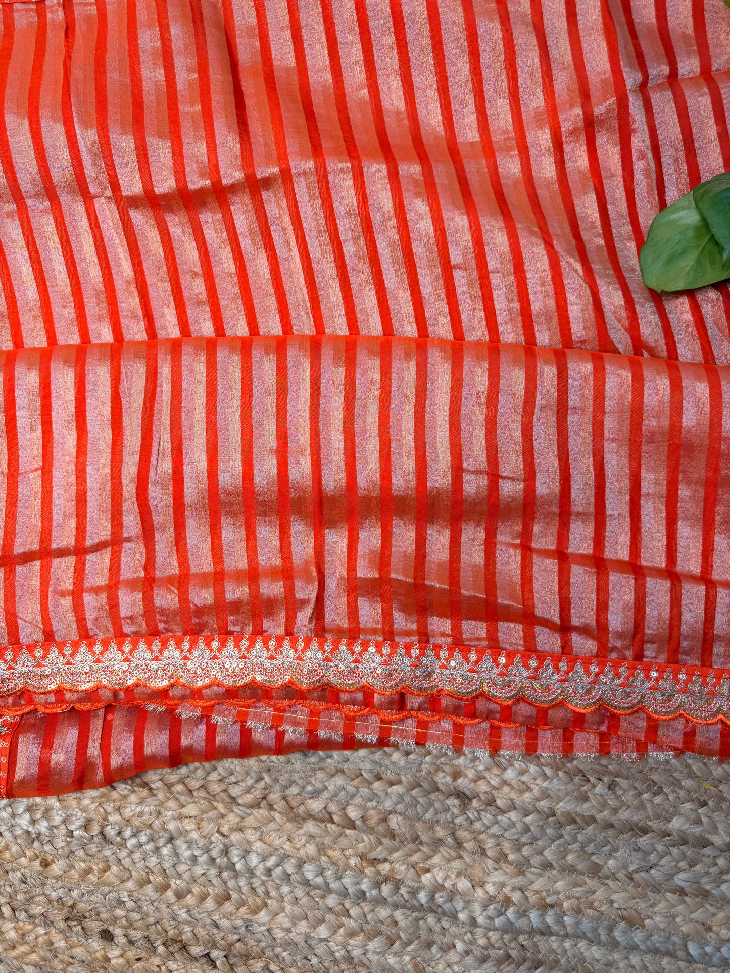 Orange Fancy Saree with Silver-Golden Zari Stripes & Lace Border
