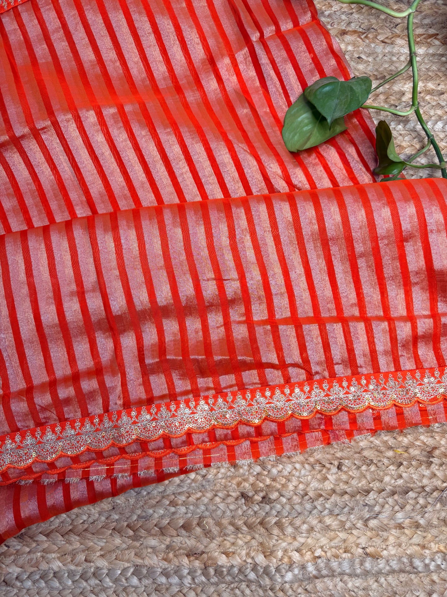 Orange Fancy Saree with Silver-Golden Zari Stripes & Lace Border