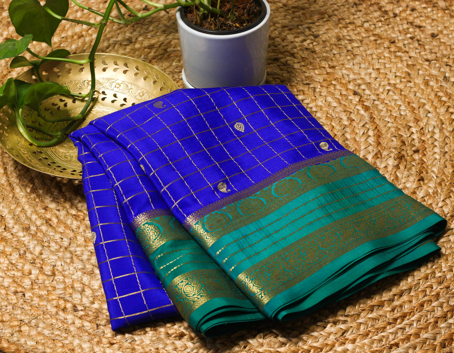 Pure Mysore Silk Crepe Saree - Royal Blue & Emerald Green | 140 GSM