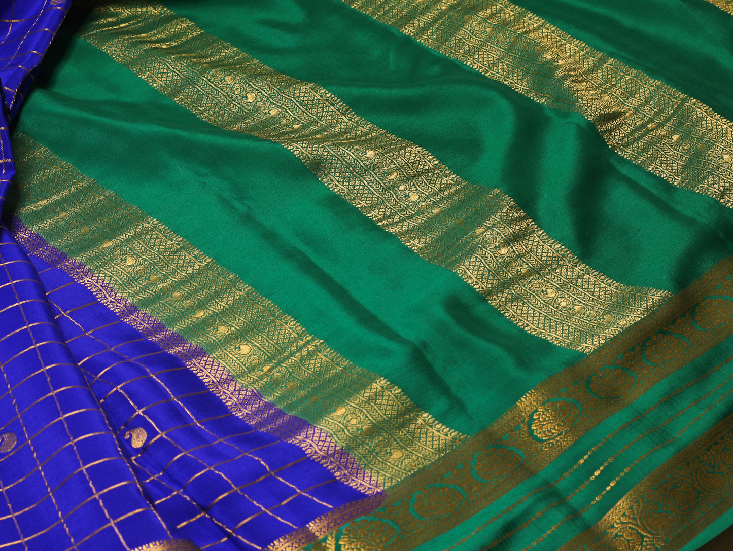 Pure Mysore Silk Crepe Saree - Royal Blue & Emerald Green | 140 GSM