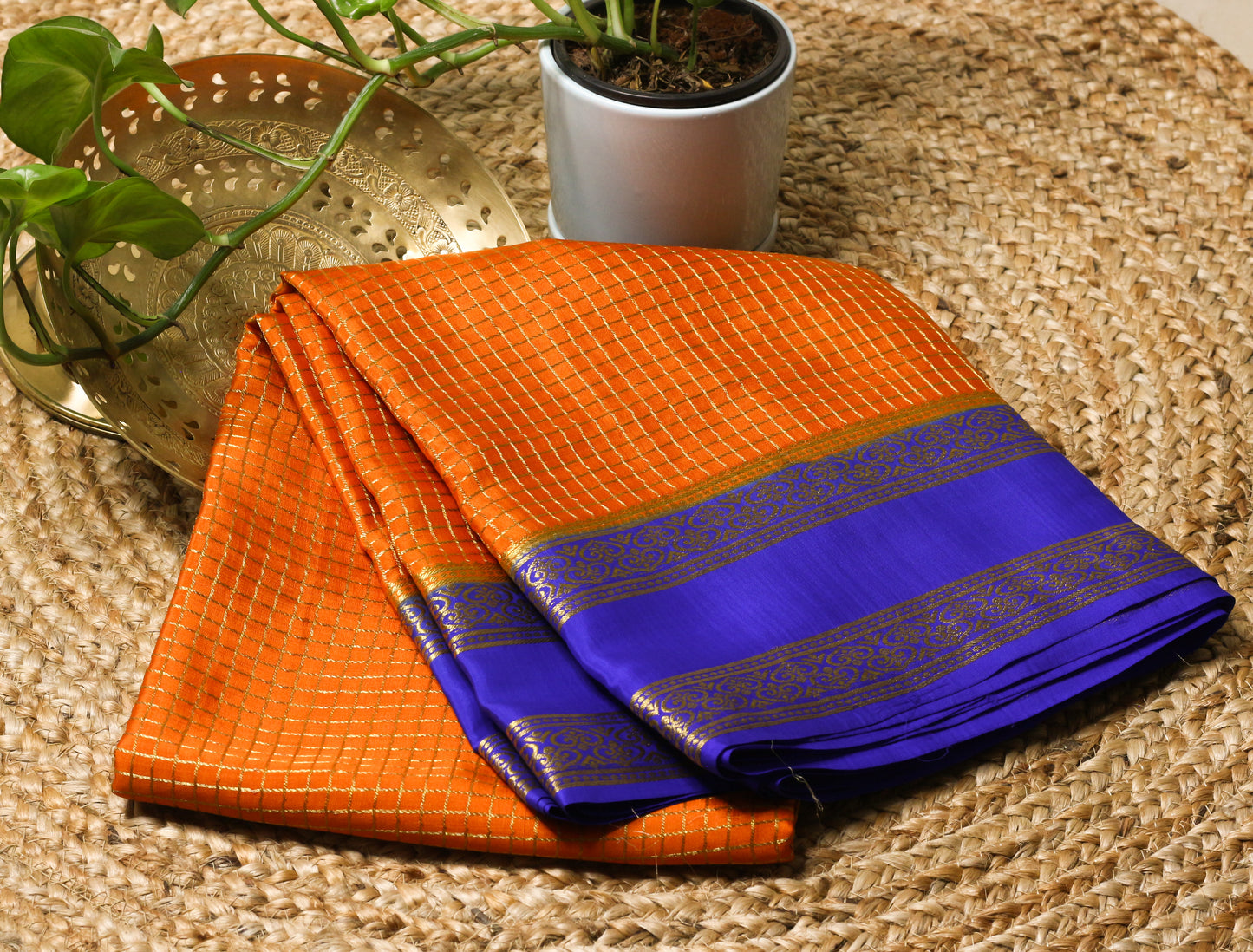 Pure Mysore Silk Crepe Saree - Orange & Royal Blue | 140 GSM