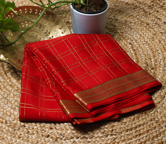 Classic Red Checked Mysore Silk crepe Saree with Gold Zari Border | Timeless Traditional Elegance