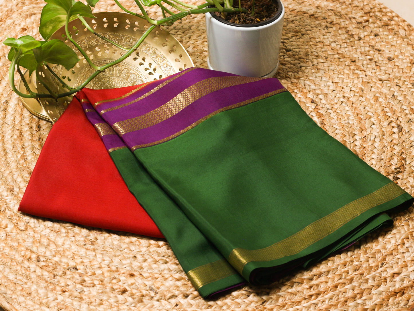 Red 3D pattern Mysore Silk Crepe Saree