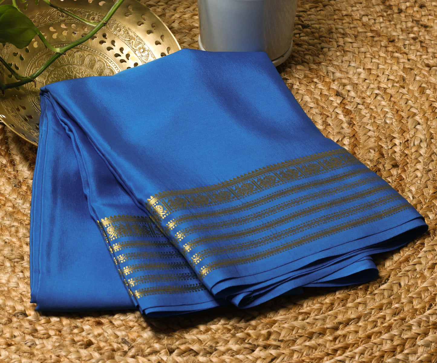 Kerosene Blue Mysore Silk Crepe Saree with Gold Zari Striped Border