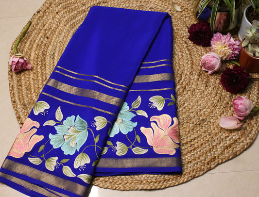 Royal Blue Mysore Silk Crepe Saree with Pastel Floral Embroidery