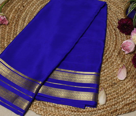 Royal Blue Mysore Silk Crepe Saree with Gold Zari Striped Border