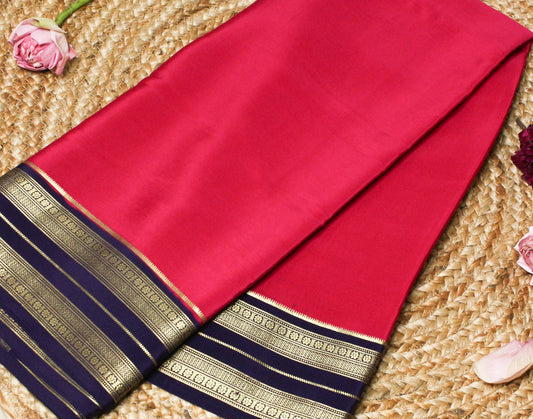 Rani pink Mysore Silk Crepe Saree with Navy & Gold Zari vintage Border