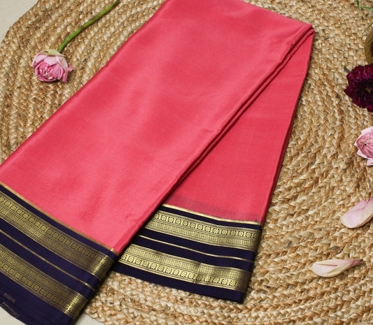 Peach-Pink Mysore Silk Crepe Saree with Navy & Gold antique Zari Border