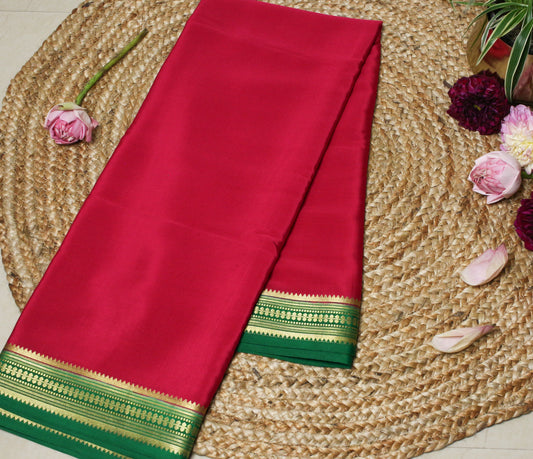 Pink Mysore Silk Crepe Saree with Green & Gold Zari Border