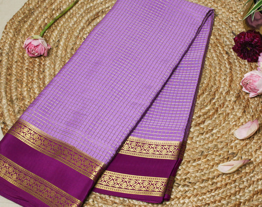 Pure Mysore Silk crepe saree with checks pattern in Lavender with Magenta Zari Border – 140 GSM | Silk Mark Certified