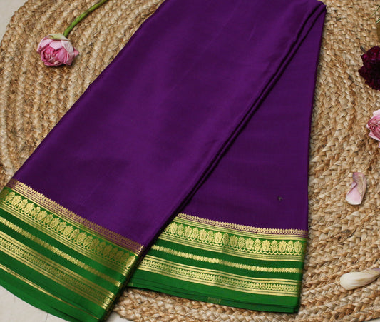 Royal Purple Mysore Silk Crepe Saree with Green & Gold Zari Border