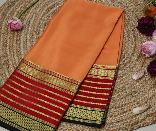 Peach Mysore Silk crepe saree with Maroon-Gold Zari Border | South Indian Temple Elegance