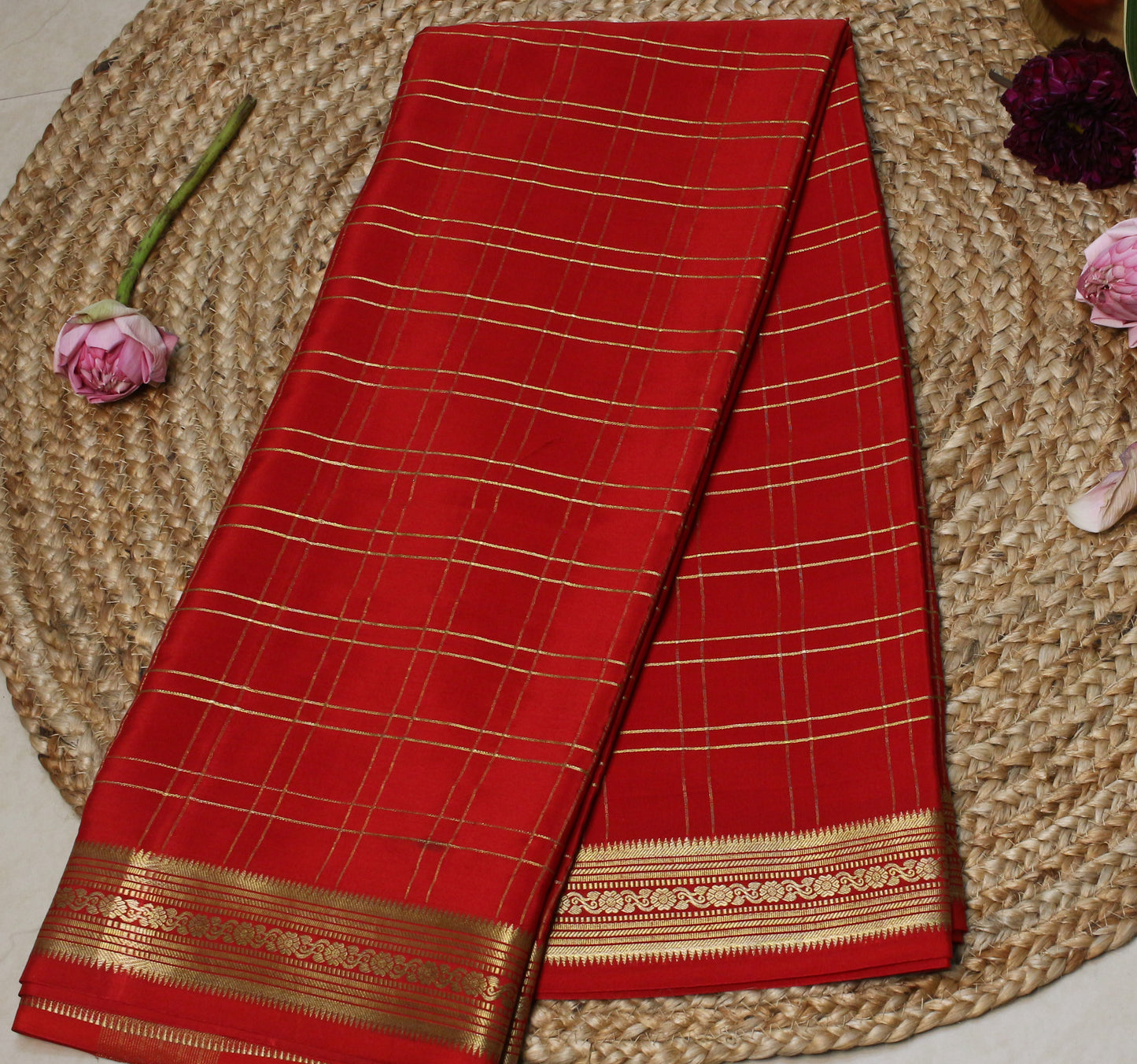 Classic Red Checked Mysore Silk crepe Saree with Gold Zari Border | Timeless Traditional Elegance