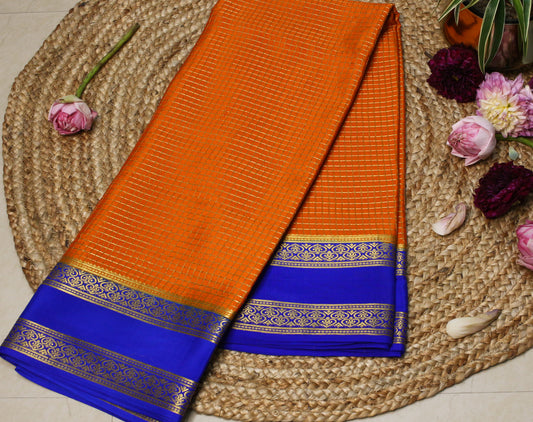 Pure Mysore Silk Crepe Saree - Orange & Royal Blue | 140 GSM