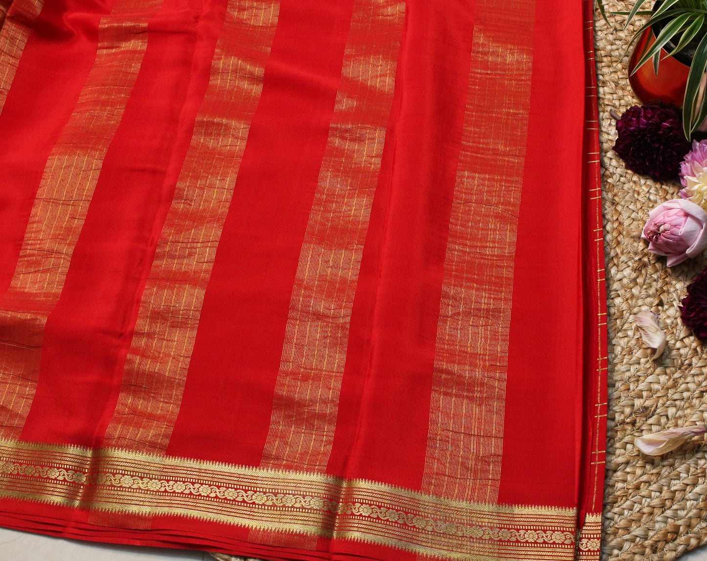 Classic Red Checked Mysore Silk crepe Saree with Gold Zari Border | Timeless Traditional Elegance