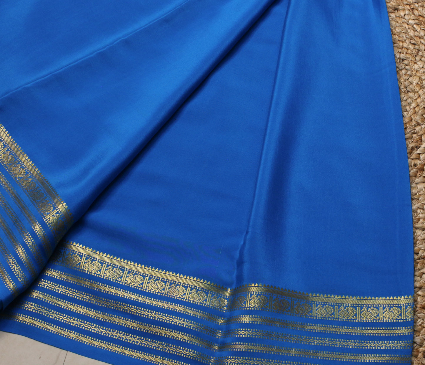 Kerosene Blue Mysore Silk Crepe Saree with Gold Zari Striped Border