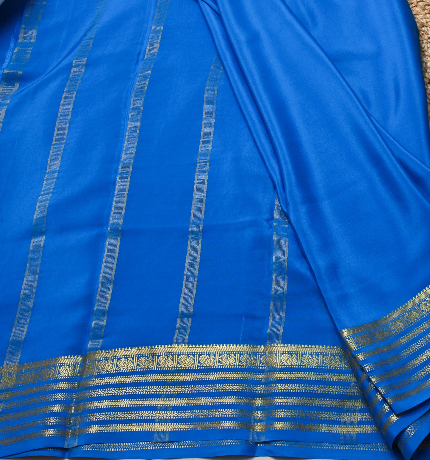 Kerosene Blue Mysore Silk Crepe Saree with Gold Zari Striped Border