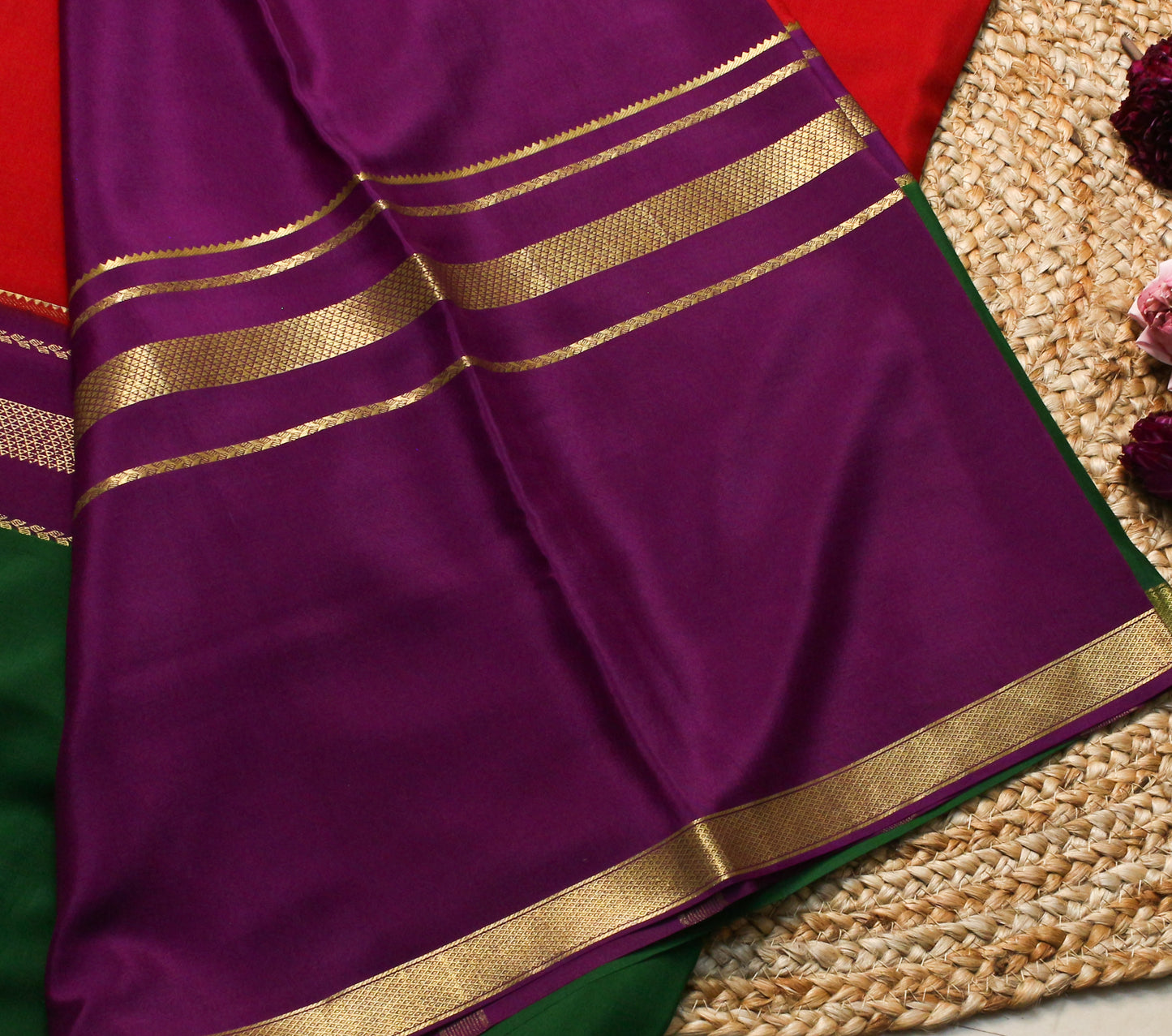 Red 3D pattern Mysore Silk Crepe Saree