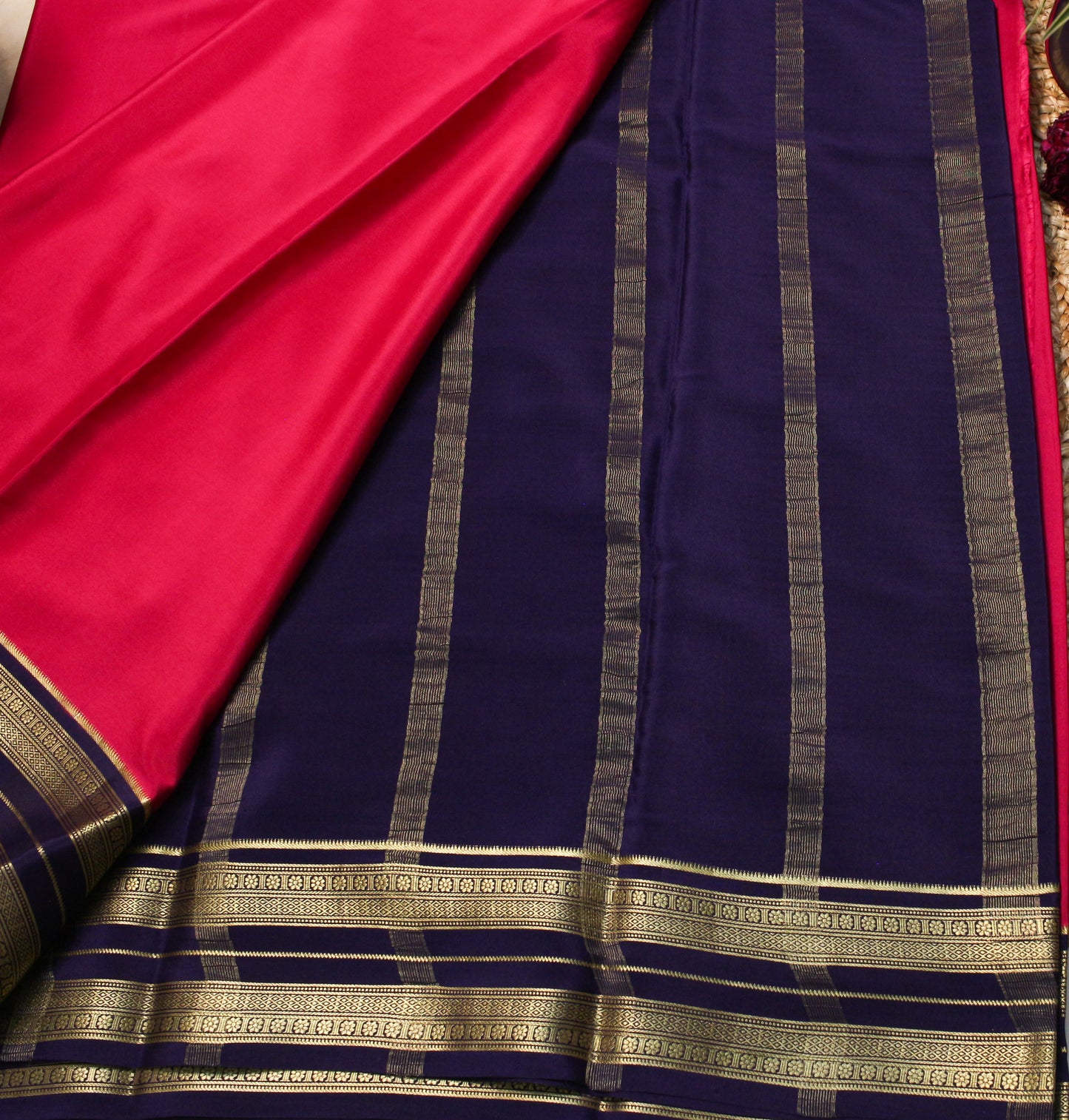 Rani pink Mysore Silk Crepe Saree with Navy & Gold Zari vintage Border