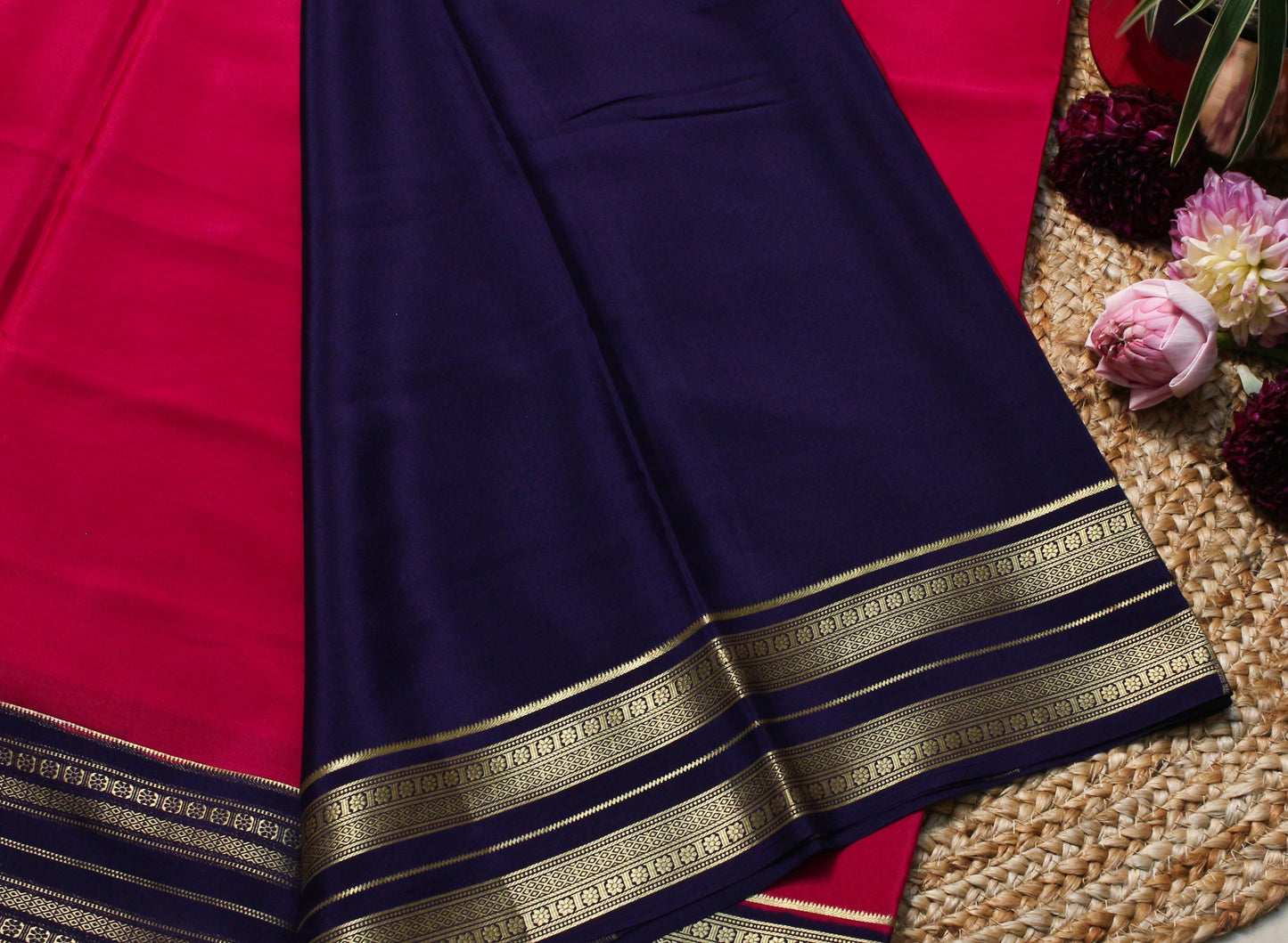 Rani pink Mysore Silk Crepe Saree with Navy & Gold Zari vintage Border