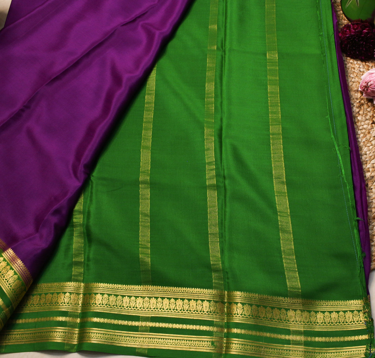 Royal Purple Mysore Silk Crepe Saree with Green & Gold Zari Border