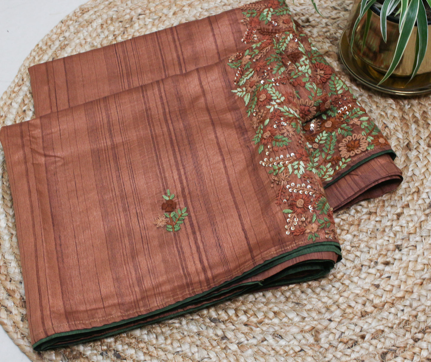 Elegant Handmade Thread Work Brown Saree – Floral Embroidery on Tussar
