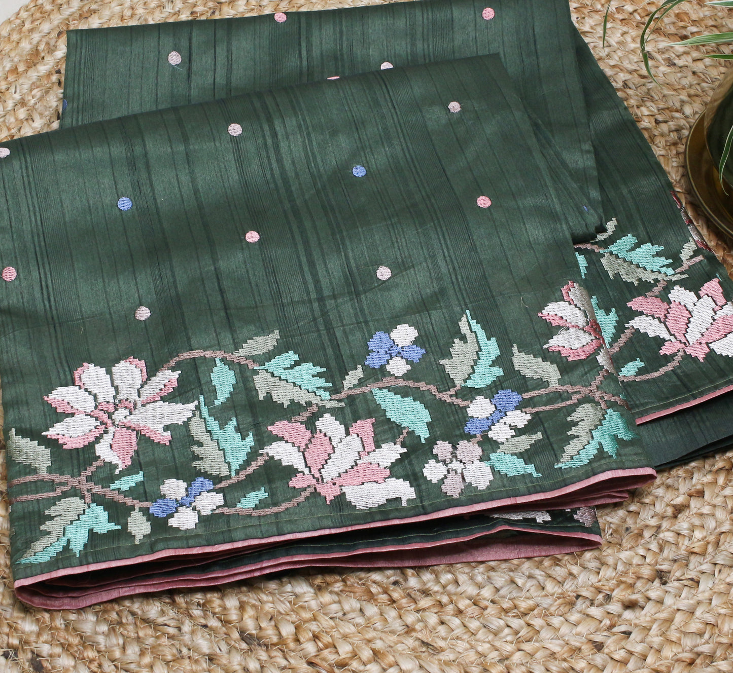 Henna Green tussar saree with Pastel Floral Machine Embroidery