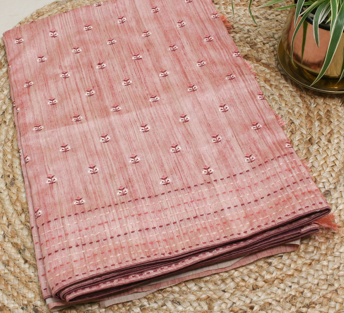 Pink tussar saree with Pastel Floral Machine Embroidery