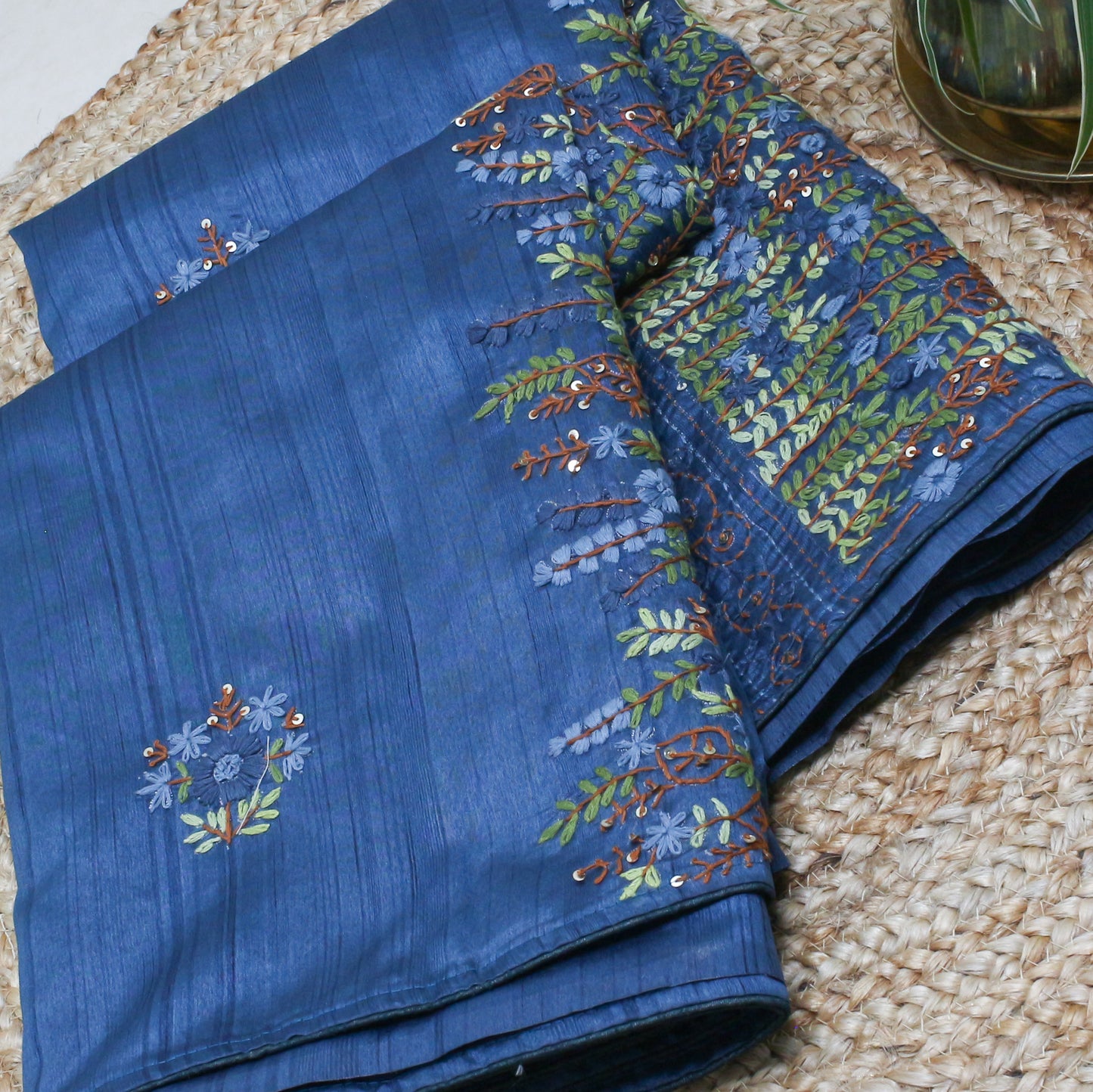 Elegant Handmade Thread Work Dark Blue Saree – Floral Embroidery on Tussar