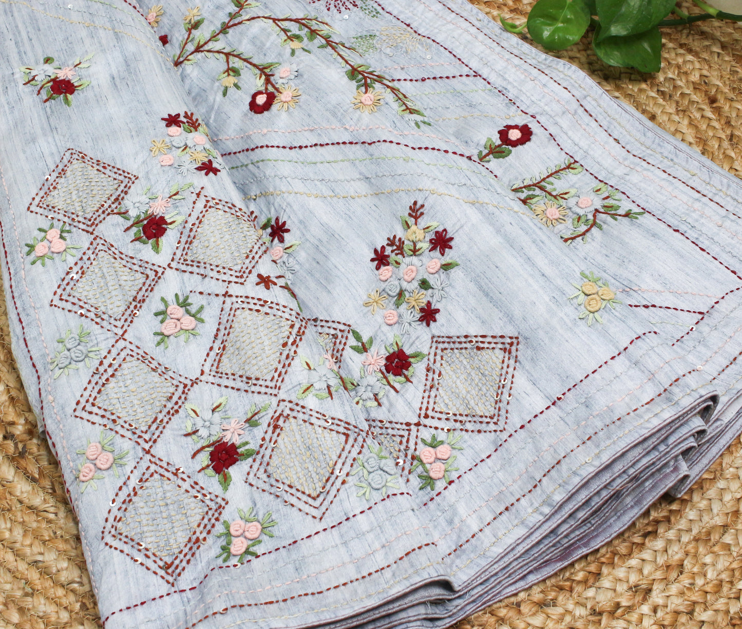 Elegant Handmade Thread Work Saree – Floral Embroidery on Tussar