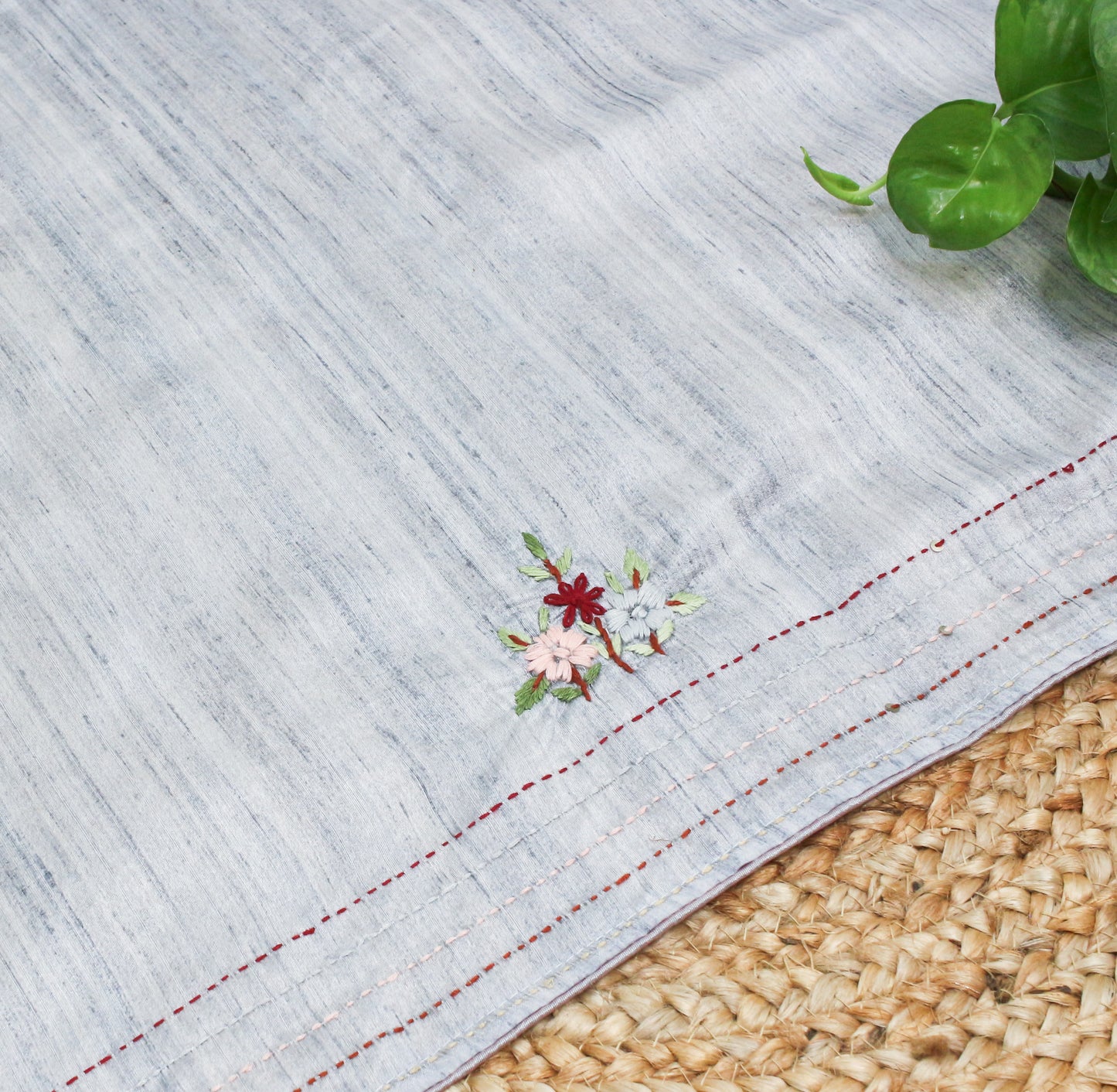 Elegant Handmade Thread Work Saree – Floral Embroidery on Tussar