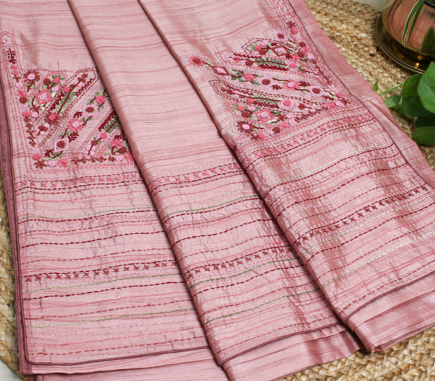 Pink Tussar Saree with Floral hand Embroidery