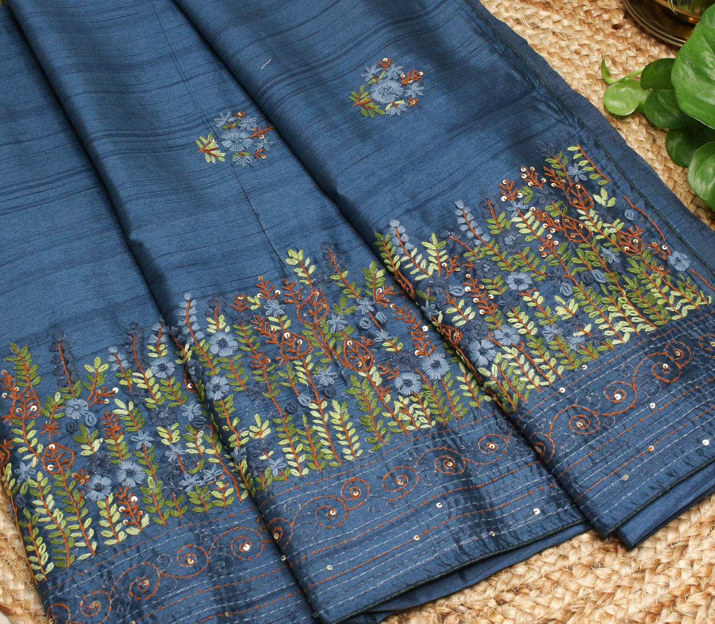 Elegant Handmade Thread Work Dark Blue Saree – Floral Embroidery on Tussar