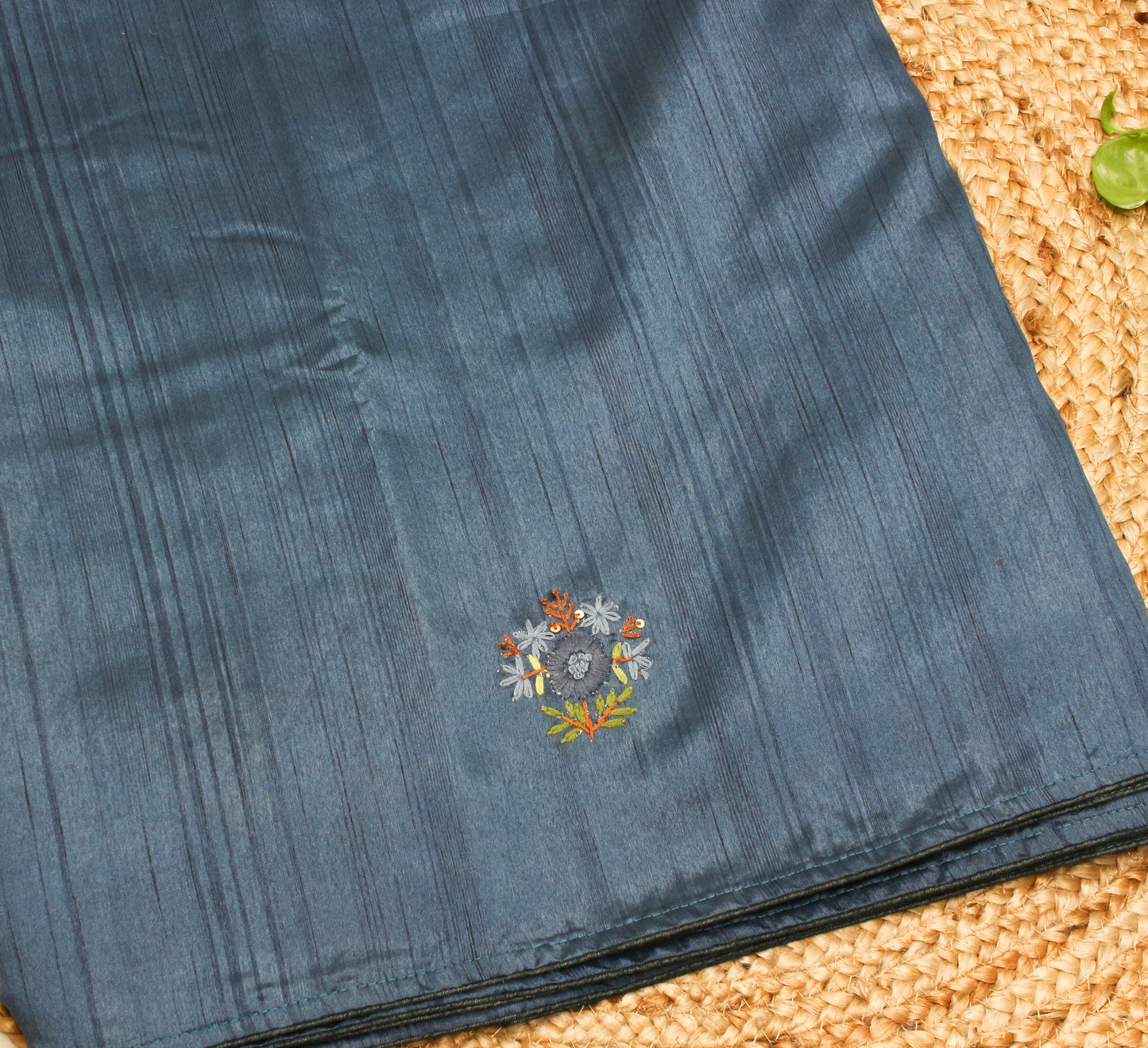 Elegant Handmade Thread Work Dark Blue Saree – Floral Embroidery on Tussar