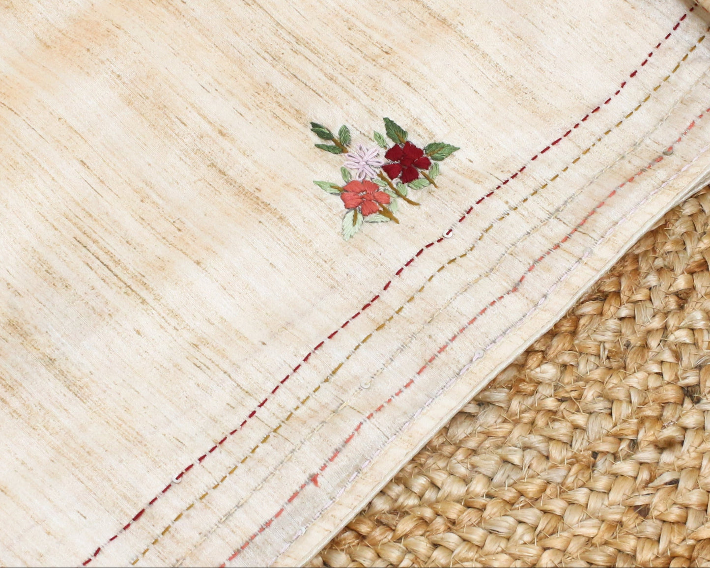 Elegant Handmade Thread Work sky Cream Saree – Floral Embroidery on Tussar