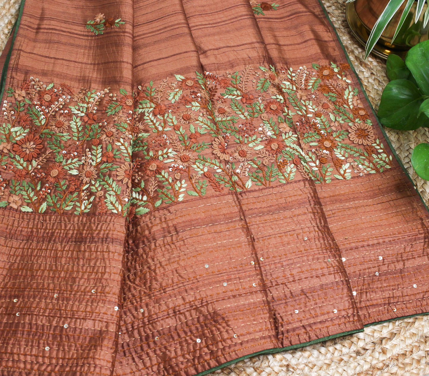 Elegant Handmade Thread Work Brown Saree – Floral Embroidery on Tussar
