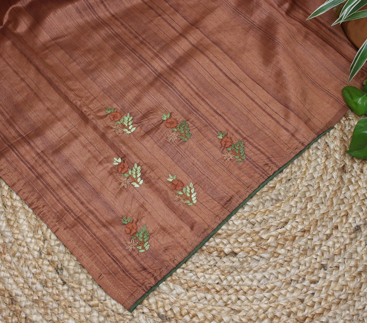 Elegant Handmade Thread Work Brown Saree – Floral Embroidery on Tussar