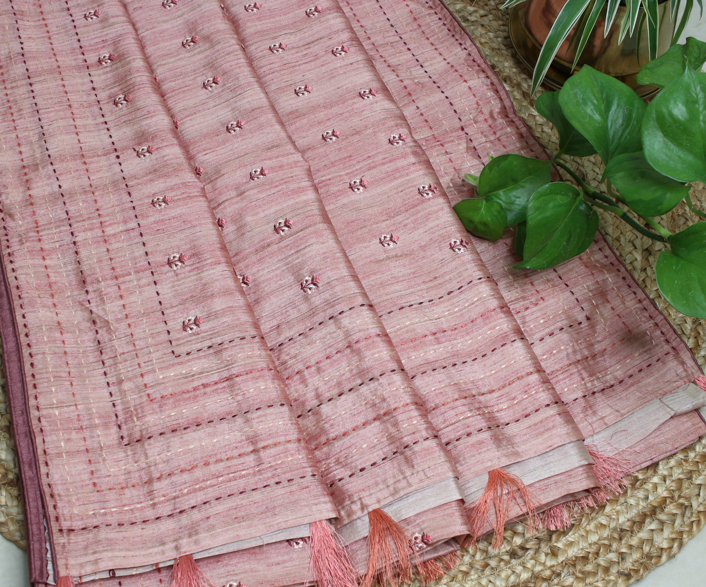 Pink tussar saree with Pastel Floral Machine Embroidery