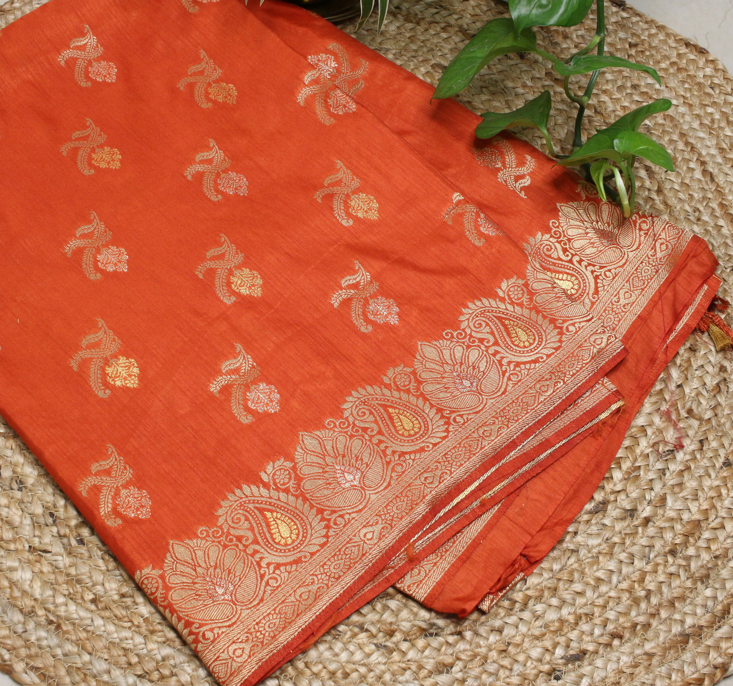 Radiant Rust Orange Banarasi  Saree with Gold Zari Lotus & Paisley Design.