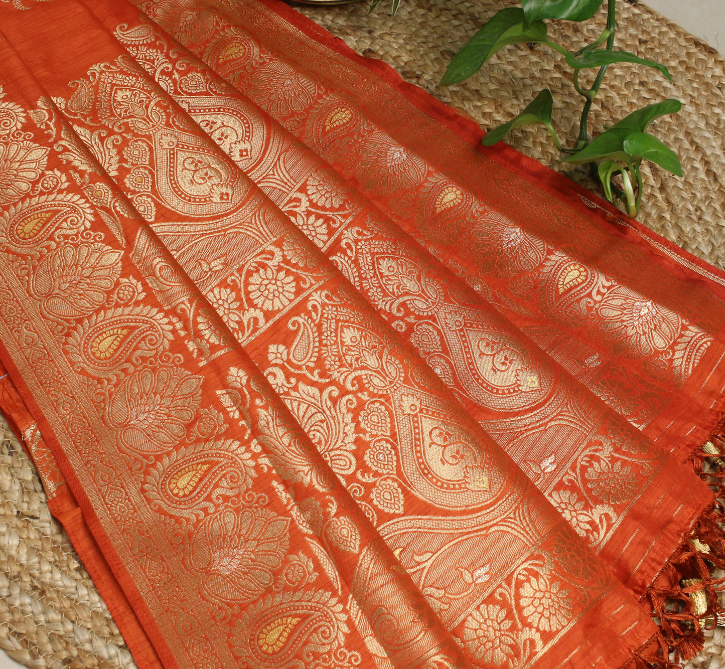 Radiant Rust Orange Banarasi  Saree with Gold Zari Lotus & Paisley Design.
